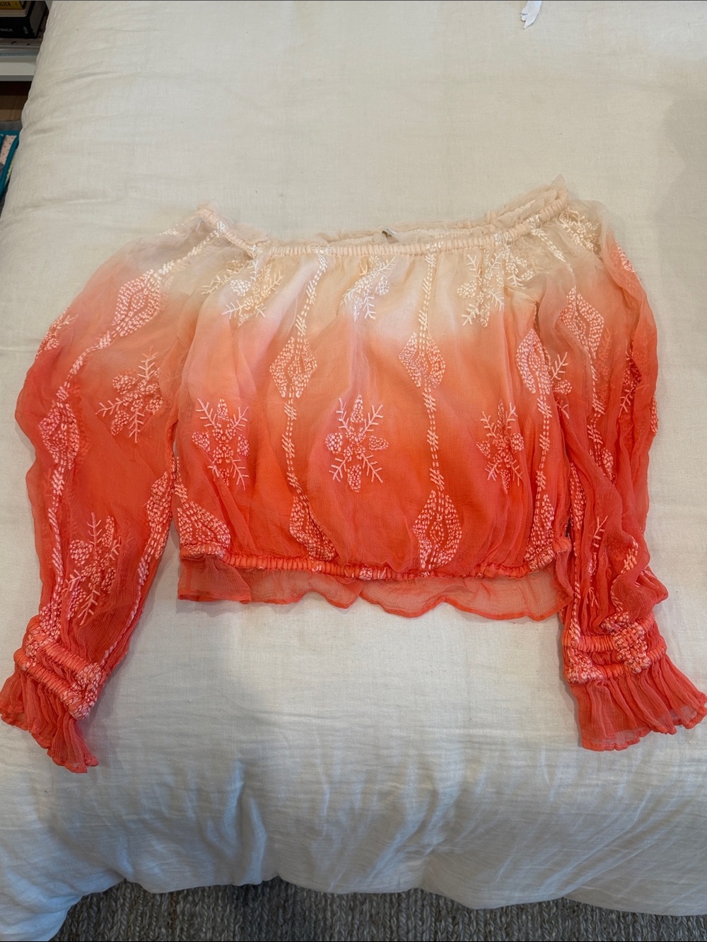 Ramy Brook Coral to Cream Off-Shoulder Embroidered Crop Top